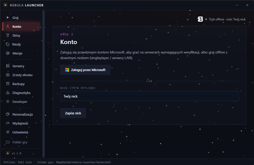 Zakładka konto